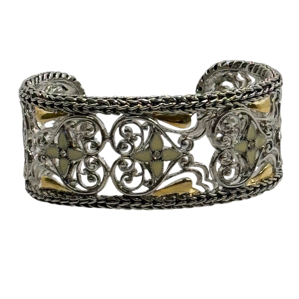 Vintage Style Two Tone Silver Gold Filigree Openwork Wide Cuff Bracelet Y2K Goth